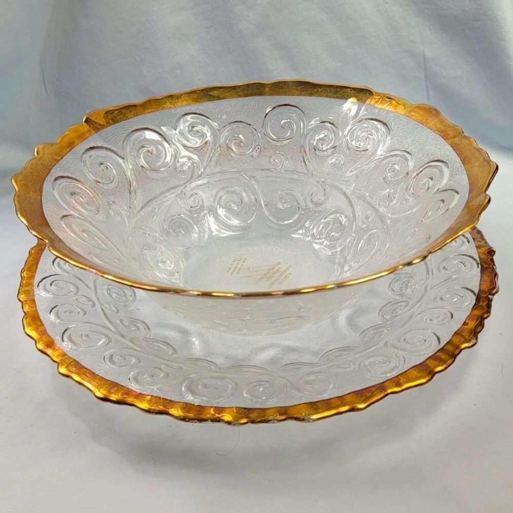 Vintage Italian Glass Punch Bowl Set with Gold Border & Embossed Scroll Design